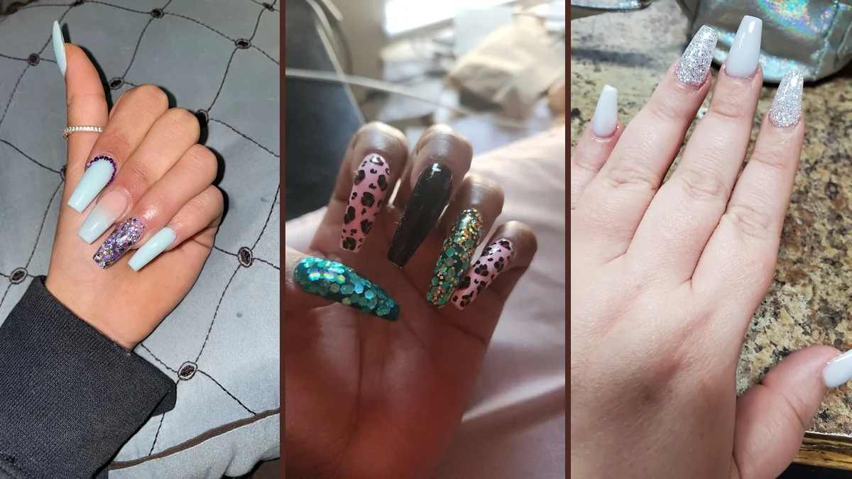 Close view of polished nails and nail tools.