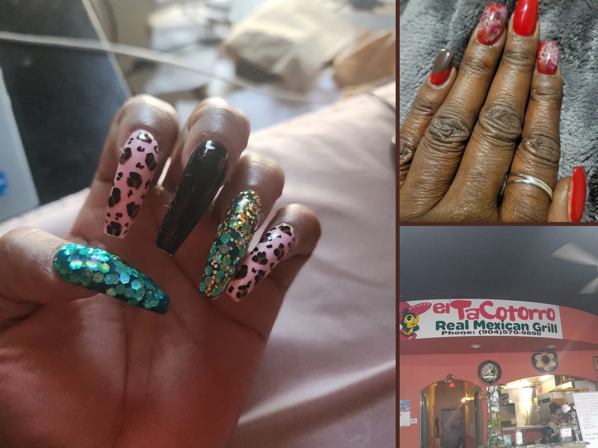 Close view of polished nails and nail tools.