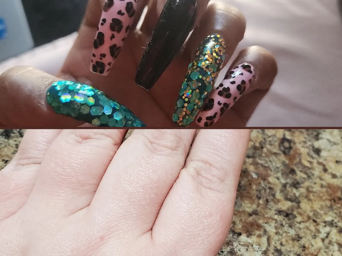 Manicured nails displayed on a salon table.